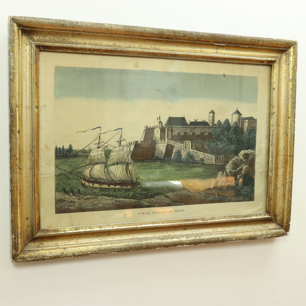 AW7-031: 18TH CENTURY HAND COLORED ENGRAVING - "VUE DE CHATEAU DE BLAYE"