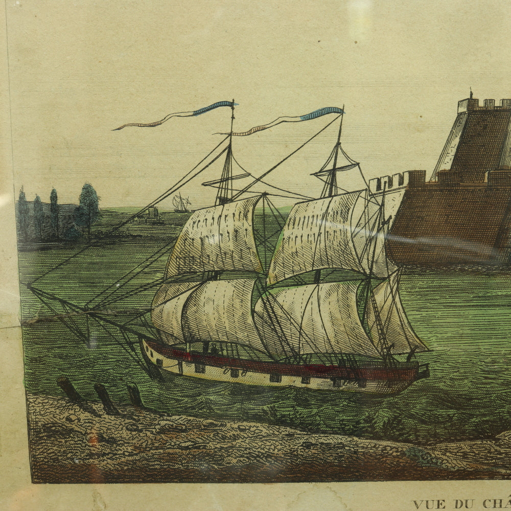 AW7-031: 18TH CENTURY HAND COLORED ENGRAVING - "VUE DE CHATEAU DE BLAYE"