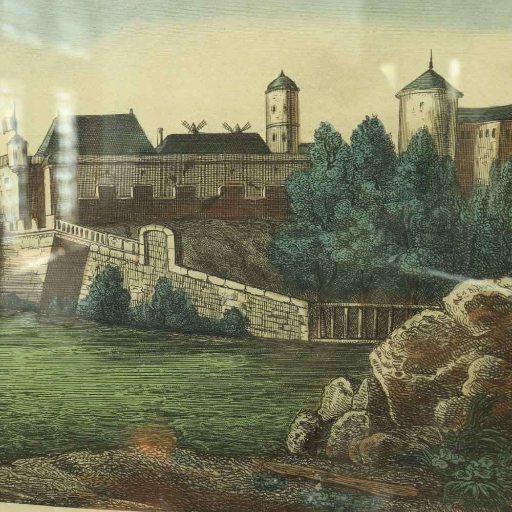 AW7-031: 18TH CENTURY HAND COLORED ENGRAVING - "VUE DE CHATEAU DE BLAYE"