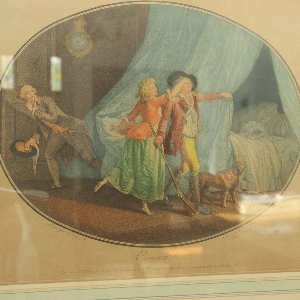 AW7-120: Coucou, d' apers Leroy - 18th Century Hand Colored Chisel Engraving By Pierre-Guillame-Alexandre Beljambe