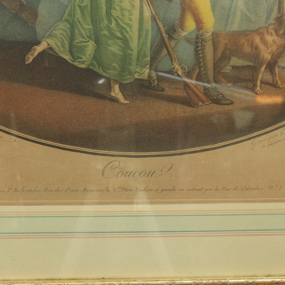 AW7-120: Coucou, d' apers Leroy - 18th Century Hand Colored Chisel Engraving By Pierre-Guillame-Alexandre Beljambe