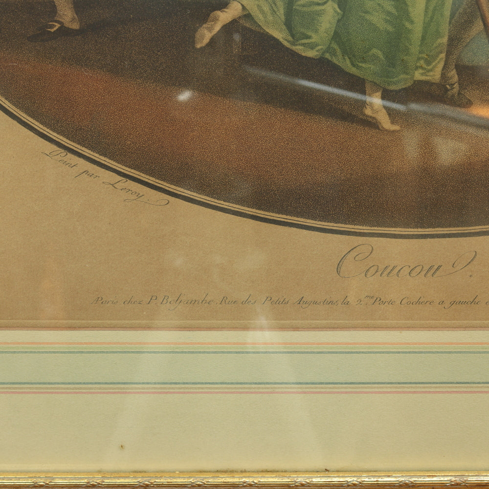AW7-120: Coucou, d' apers Leroy - 18th Century Hand Colored Chisel Engraving By Pierre-Guillame-Alexandre Beljambe