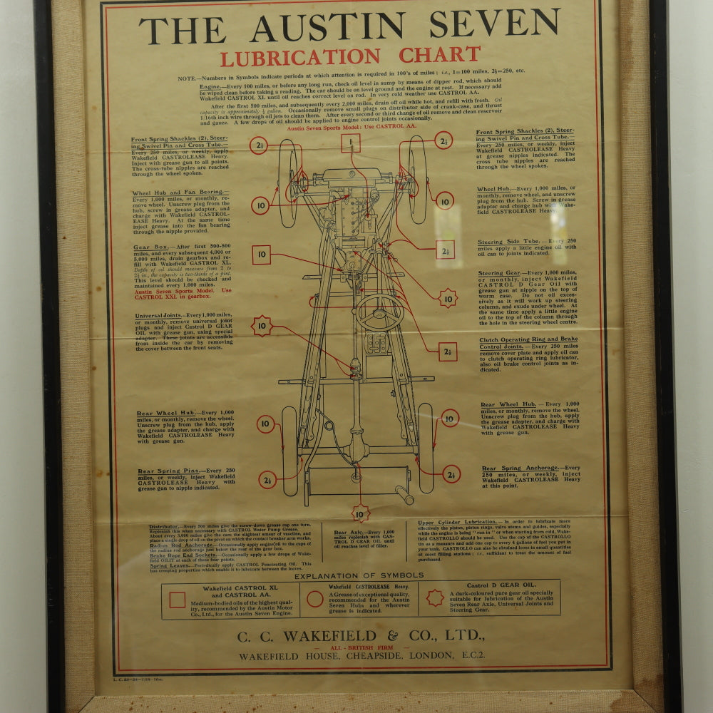 AW8-350: Circa 1920's Austin Seven Lubrication Chart C.C. Wakefield & Co Ltd