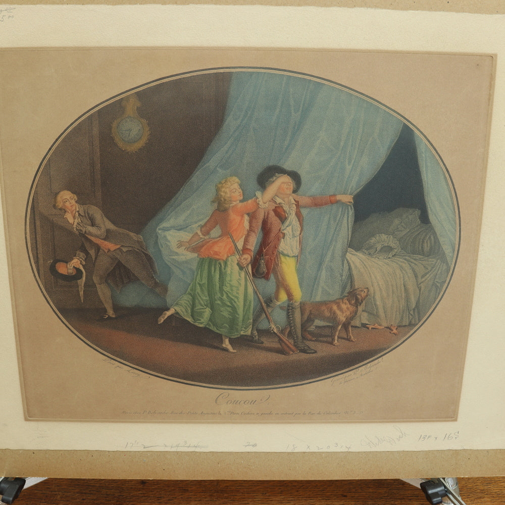 AW7-120: Coucou, d' apers Leroy - 18th Century Hand Colored Chisel Engraving By Pierre-Guillame-Alexandre Beljambe