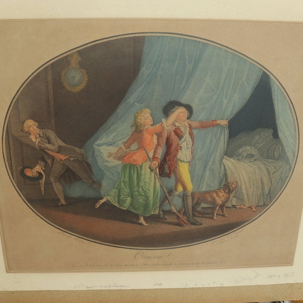 AW7-120: Coucou, d' apers Leroy - 18th Century Hand Colored Chisel Engraving By Pierre-Guillame-Alexandre Beljambe