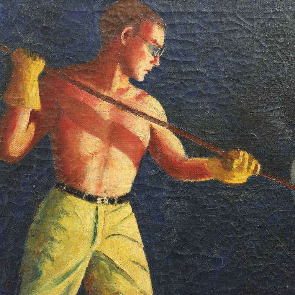 AW677: Circa 1933 WPA Oil on Canvas Painting of Glass Blowers - Signed "Mott"