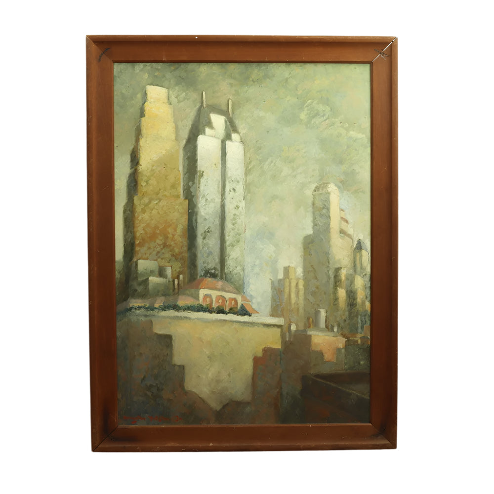 Arlington Yutzlov Modernist New York Skyline C 1934 Oil on Masonite | Work of Man
