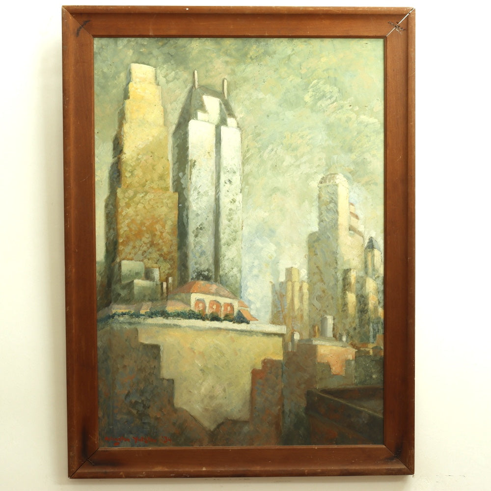 AW682: Arlington Yutzlov Modernist New York Skyline C 1934 Oil on Masonite