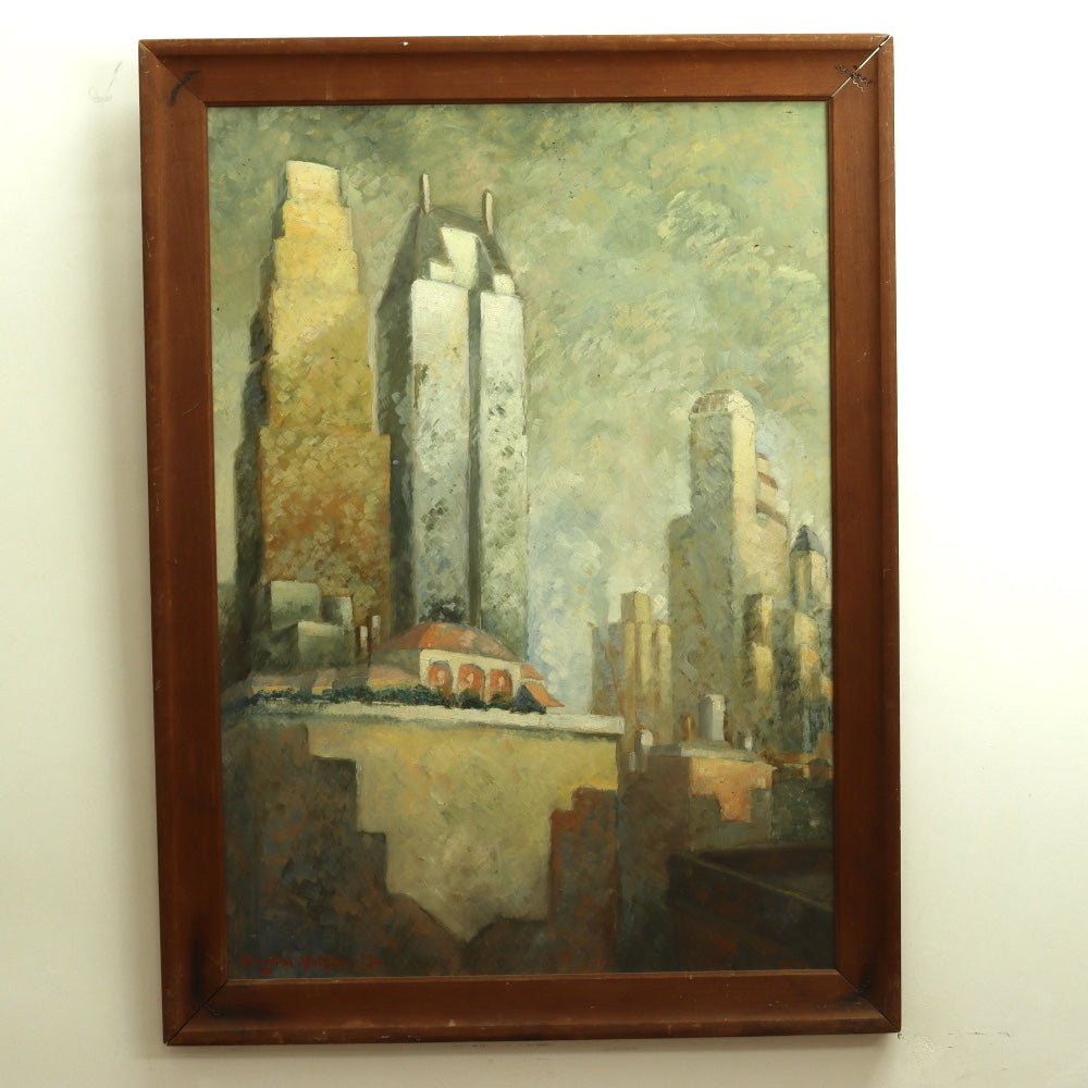 AW682: Arlington Yutzlov Modernist New York Skyline C 1934 Oil on Masonite
