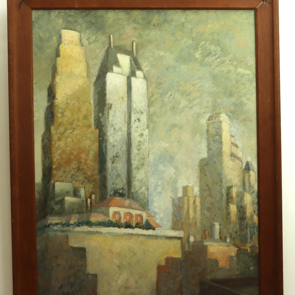 AW682: Arlington Yutzlov Modernist New York Skyline C 1934 Oil on Masonite