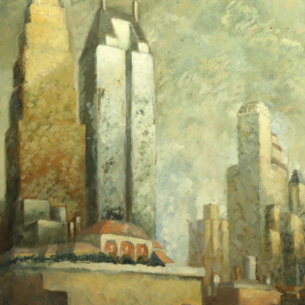 AW682: Arlington Yutzlov Modernist New York Skyline C 1934 Oil on Masonite