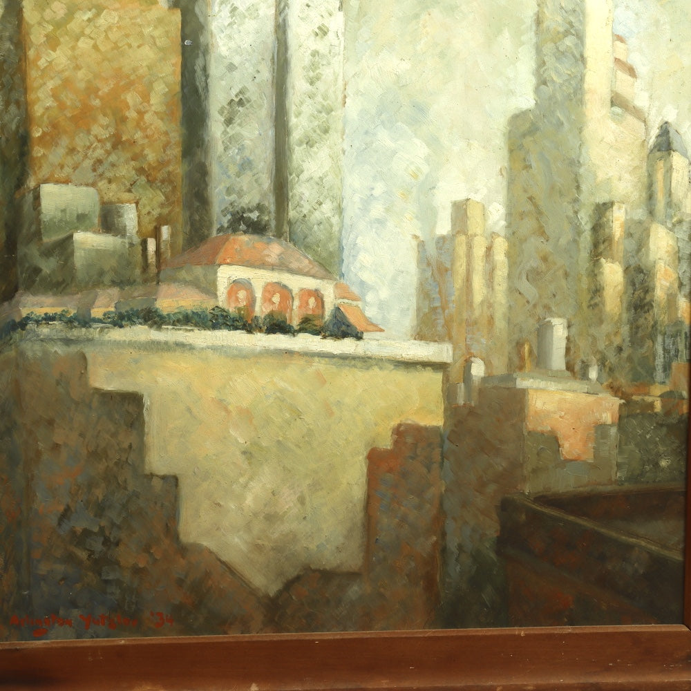 AW682: Arlington Yutzlov Modernist New York Skyline C 1934 Oil on Masonite