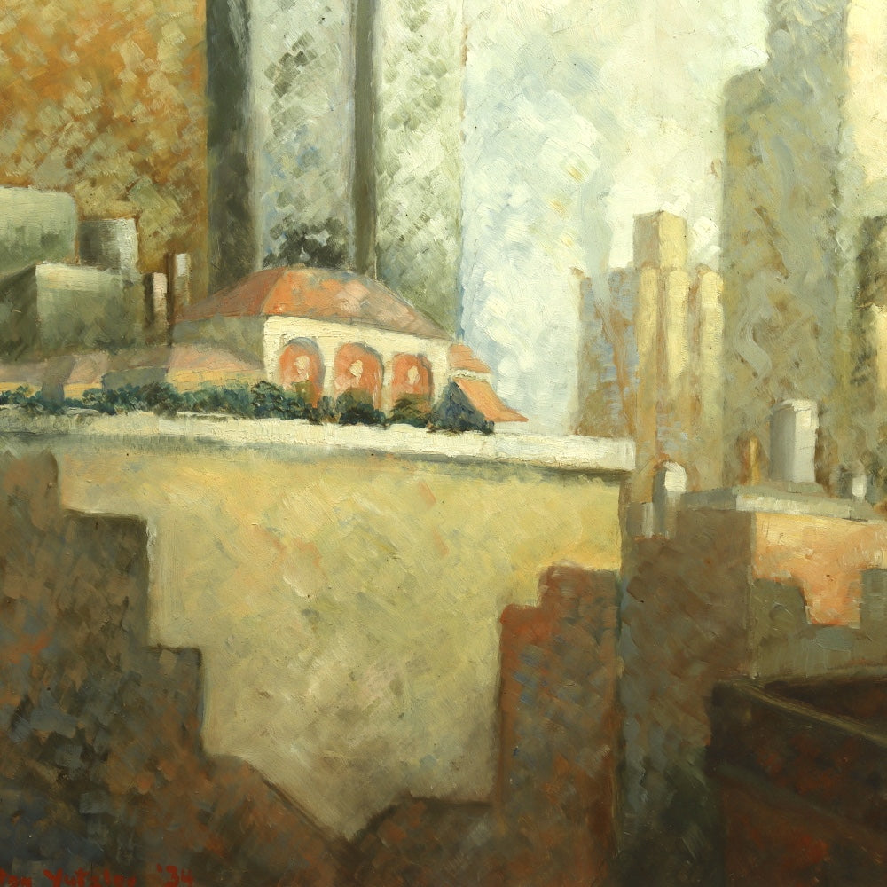 AW682: Arlington Yutzlov Modernist New York Skyline C 1934 Oil on Masonite