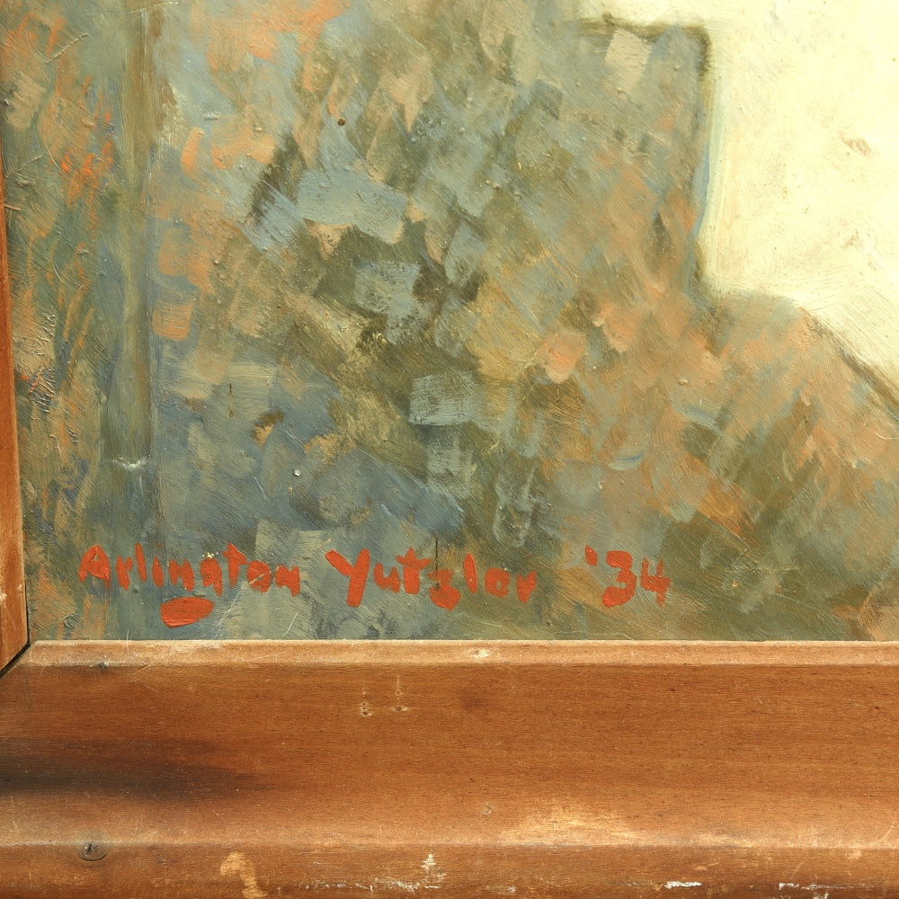 AW682: Arlington Yutzlov Modernist New York Skyline C 1934 Oil on Masonite