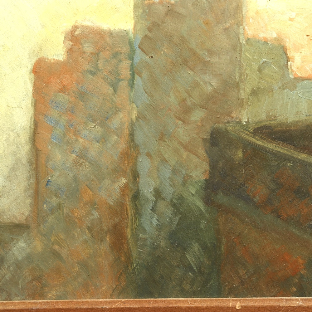 AW682: Arlington Yutzlov Modernist New York Skyline C 1934 Oil on Masonite