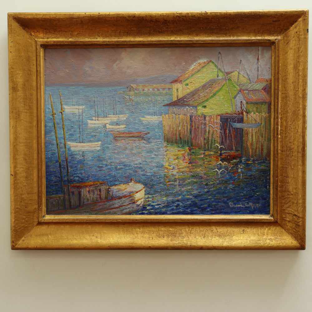 AW095: Sophronia Louise (Nona) White American Post Impressionist Oil on Canvas Painting  "Where Ships Go Out To Sea"