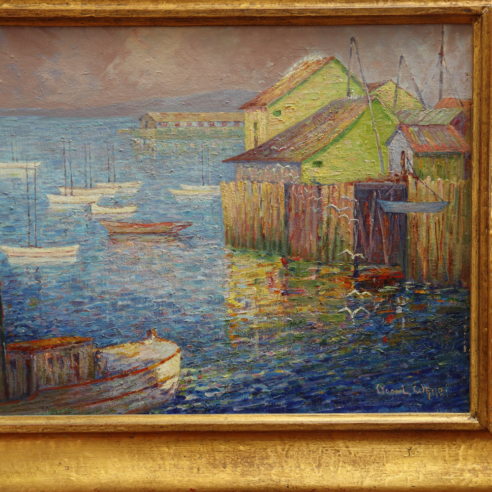 AW095: Sophronia Louise (Nona) White American Post Impressionist Oil on Canvas Painting  "Where Ships Go Out To Sea"