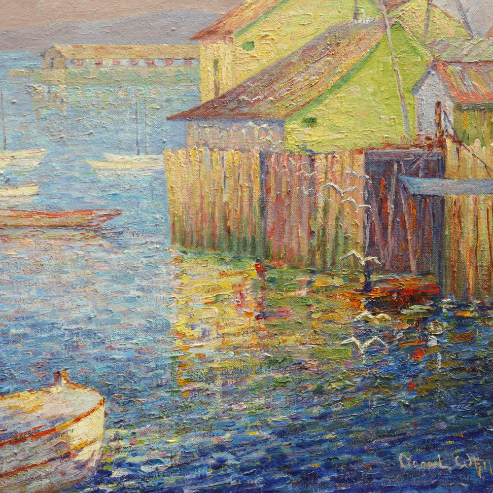 AW095: Sophronia Louise (Nona) White American Post Impressionist Oil on Canvas Painting  "Where Ships Go Out To Sea"