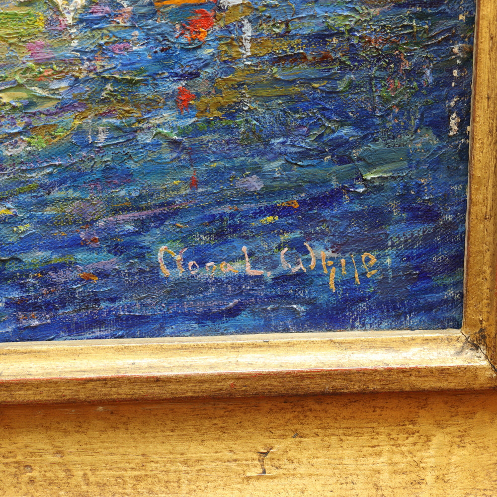 AW095: Sophronia Louise (Nona) White American Post Impressionist Oil on Canvas Painting  "Where Ships Go Out To Sea"