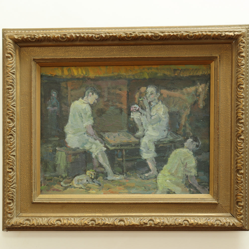 AW701: Early 20th Century European School Post Impressionist Oil on Canvas of Two Men and a Board Game