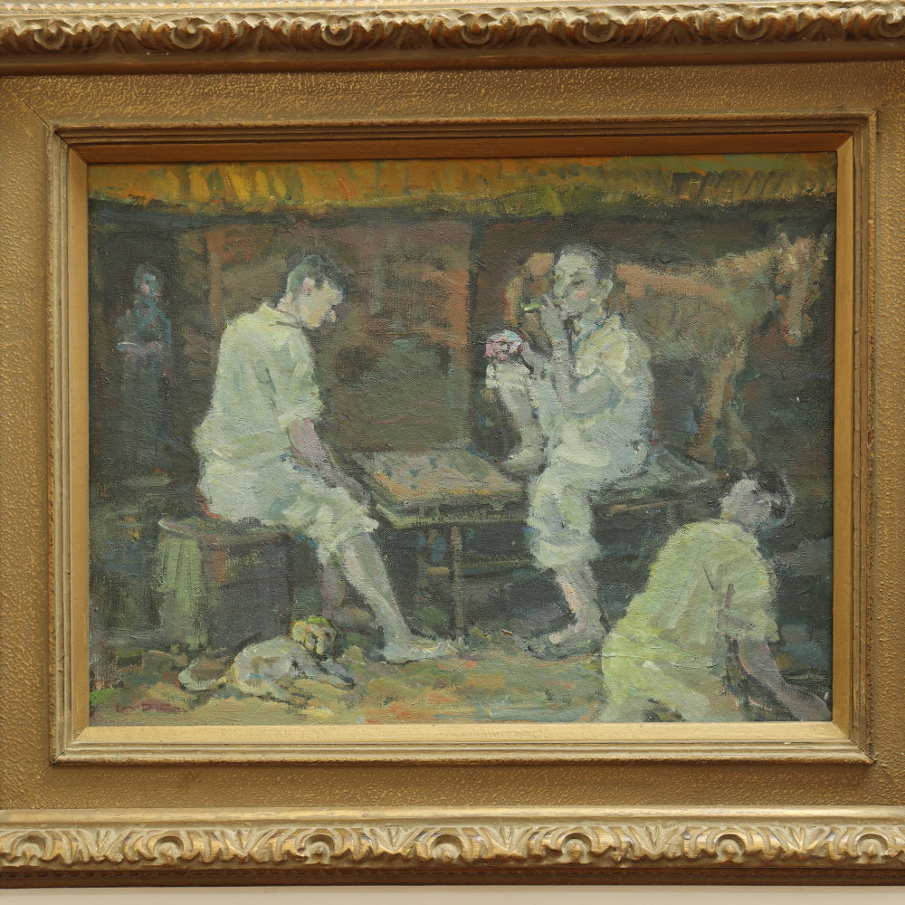 AW701: Early 20th Century European School Post Impressionist Oil on Canvas of Two Men and a Board Game