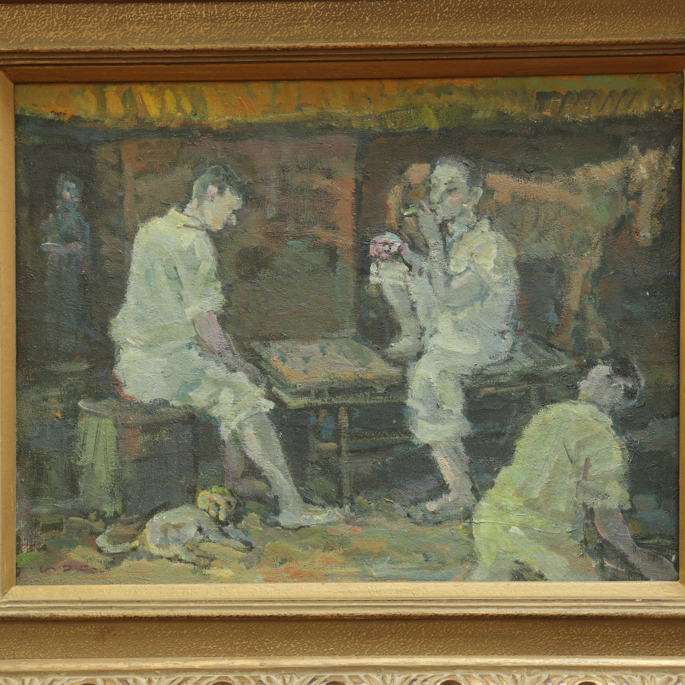 AW701: Early 20th Century European School Post Impressionist Oil on Canvas of Two Men and a Board Game