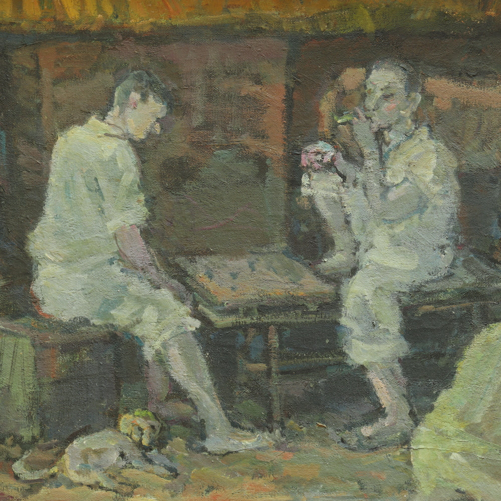 AW701: Early 20th Century European School Post Impressionist Oil on Canvas of Two Men and a Board Game