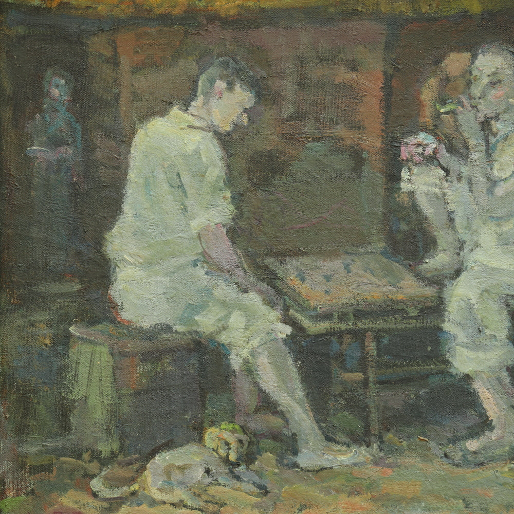 AW701: Early 20th Century European School Post Impressionist Oil on Canvas of Two Men and a Board Game