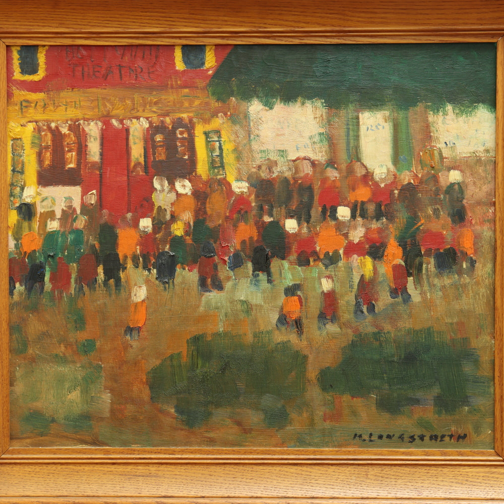 AW725: Mary Longstreth "Saturday Matine" Mid 20th Century Oil on Board