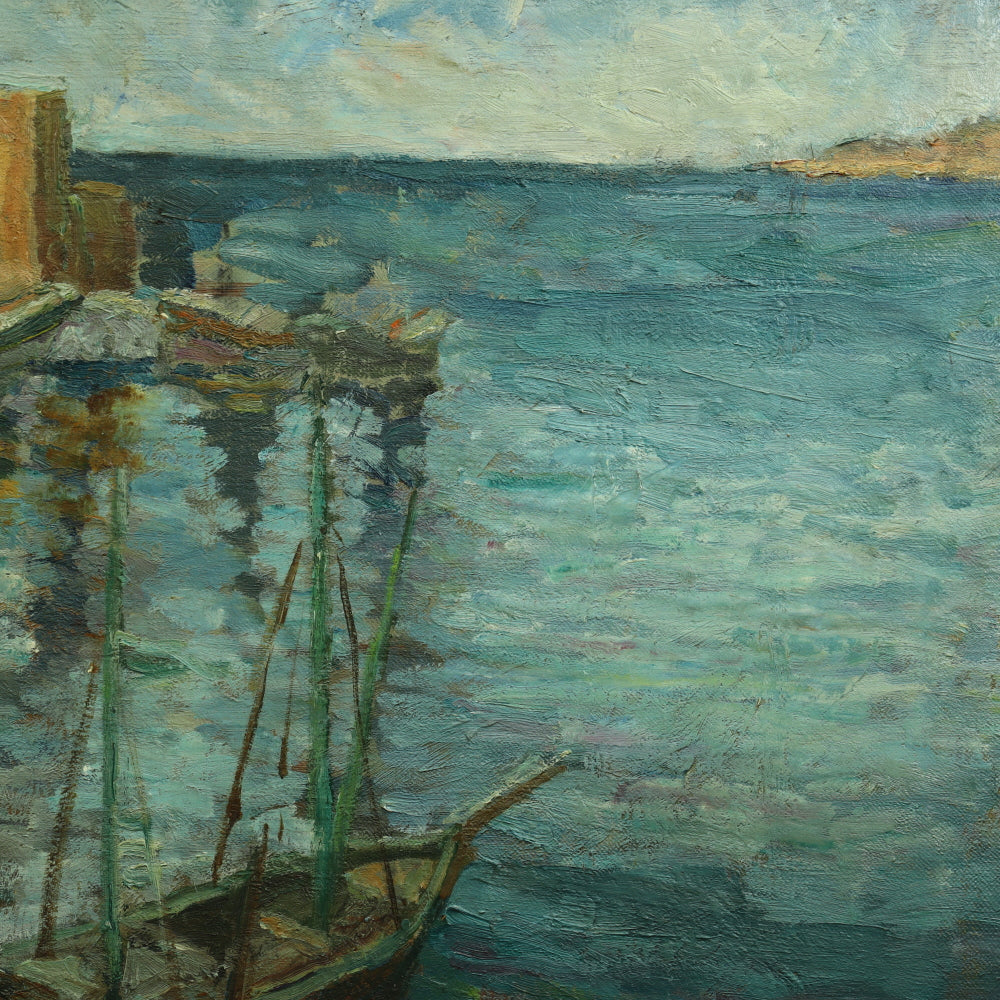 AW740: Kurt Sluizer Ashcan WPA Oil on Canvas Painting of Fishermen Dockside Circa 1930's