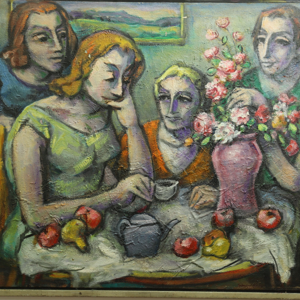 AW477: Samuel Heller "Girl Talk" Expressionist Oil on Canvas