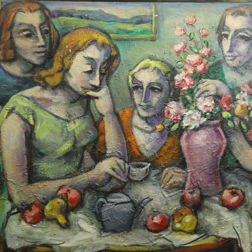 AW477: Samuel Heller "Girl Talk" Expressionist Oil on Canvas