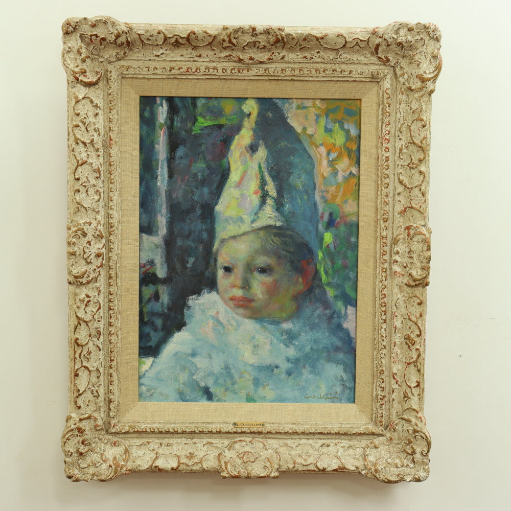AW758: Luigi Corbellini "Child Clown Portrait" Oil on Canvas Impressionist Painting Mid 20th Century