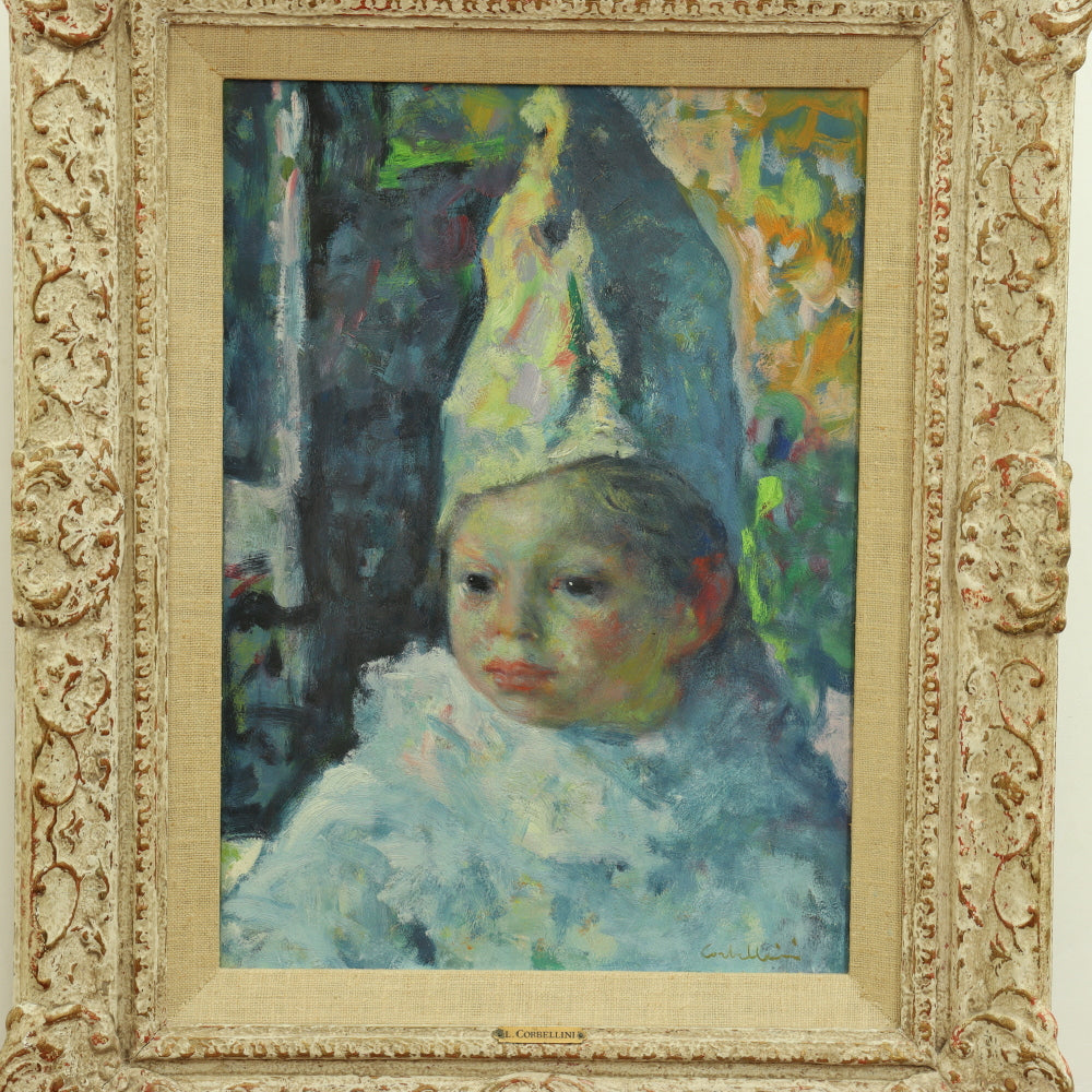 AW758: Luigi Corbellini "Child Clown Portrait" Oil on Canvas Impressionist Painting Mid 20th Century