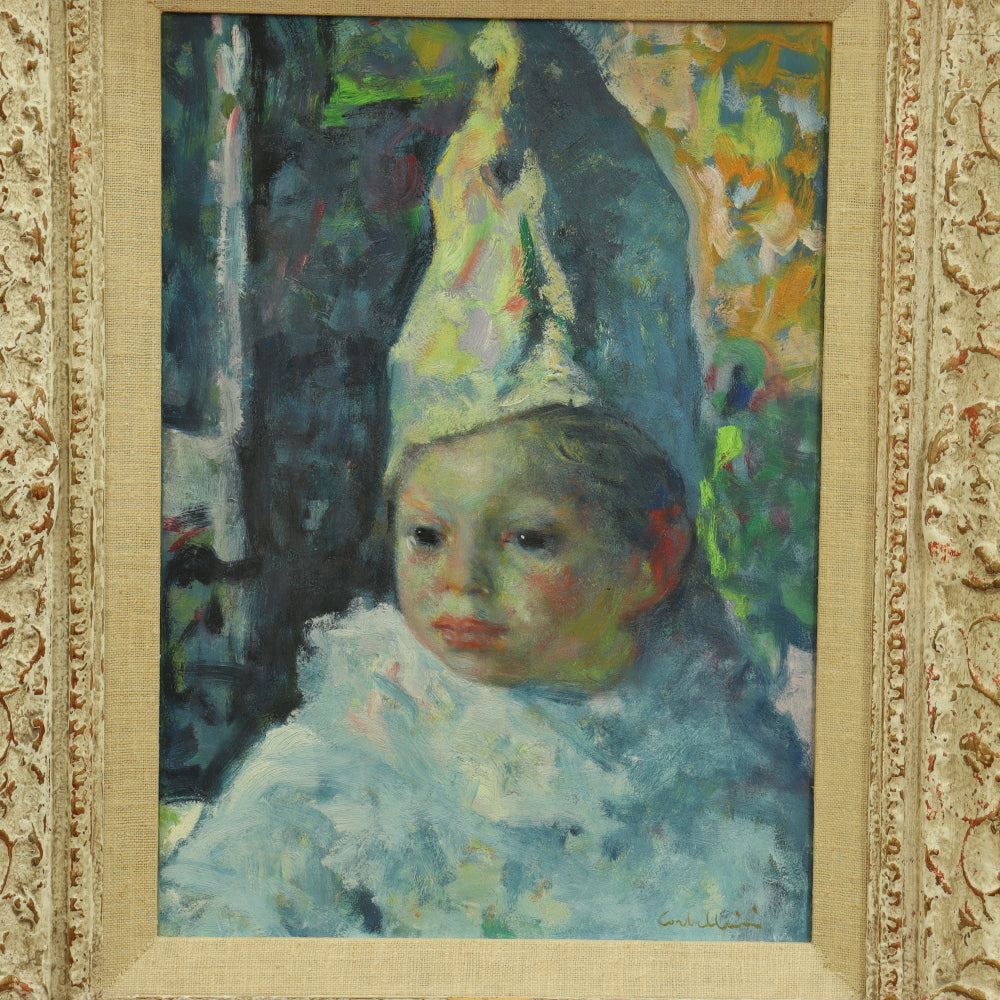 AW758: Luigi Corbellini "Child Clown Portrait" Oil on Canvas Impressionist Painting Mid 20th Century
