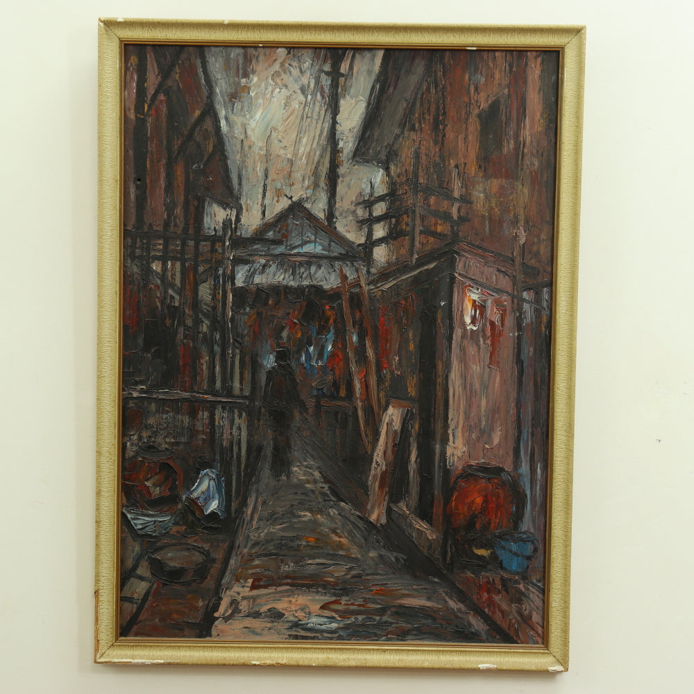 AW089: Fauvist Oil on Board Painting "Shanty Town" Mid 20th Century American School