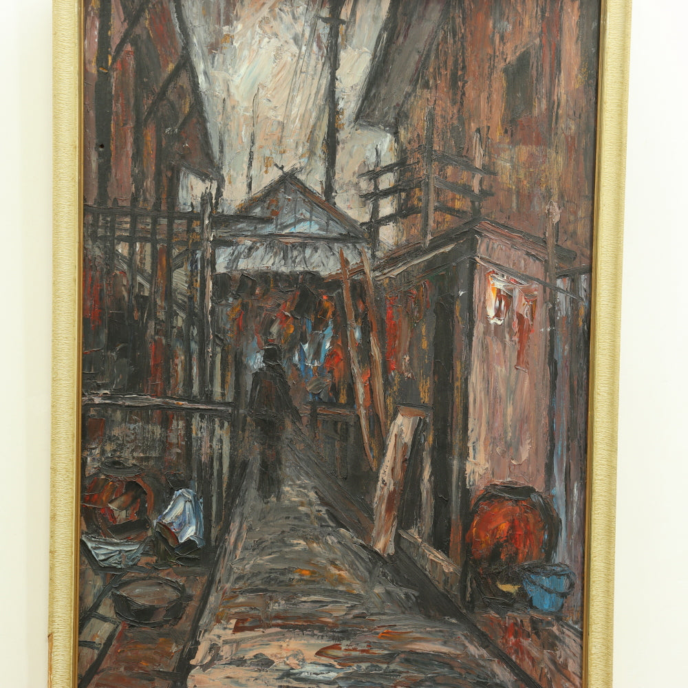 AW089: Fauvist Oil on Board Painting "Shanty Town" Mid 20th Century American School