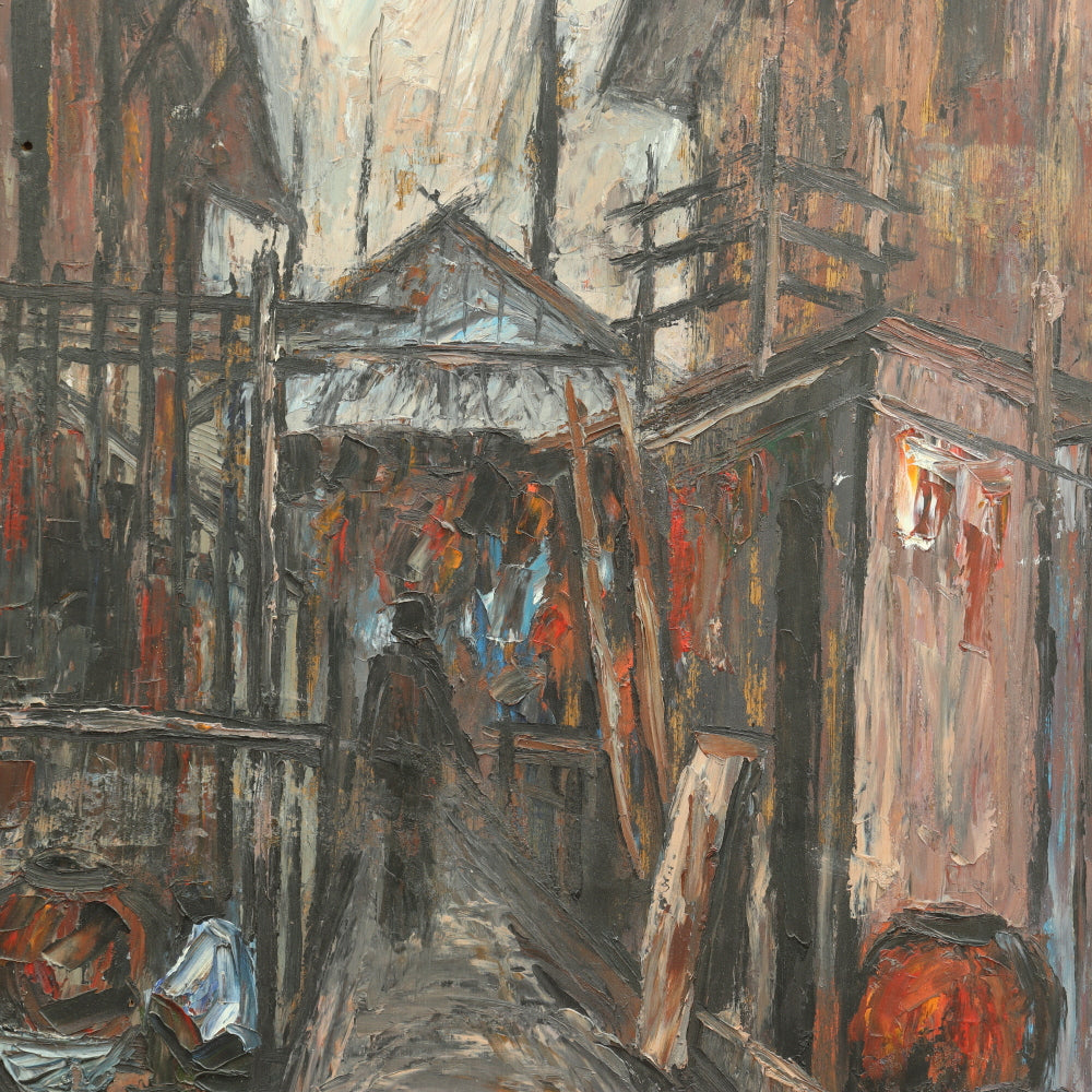 AW089: Fauvist Oil on Board Painting "Shanty Town" Mid 20th Century American School