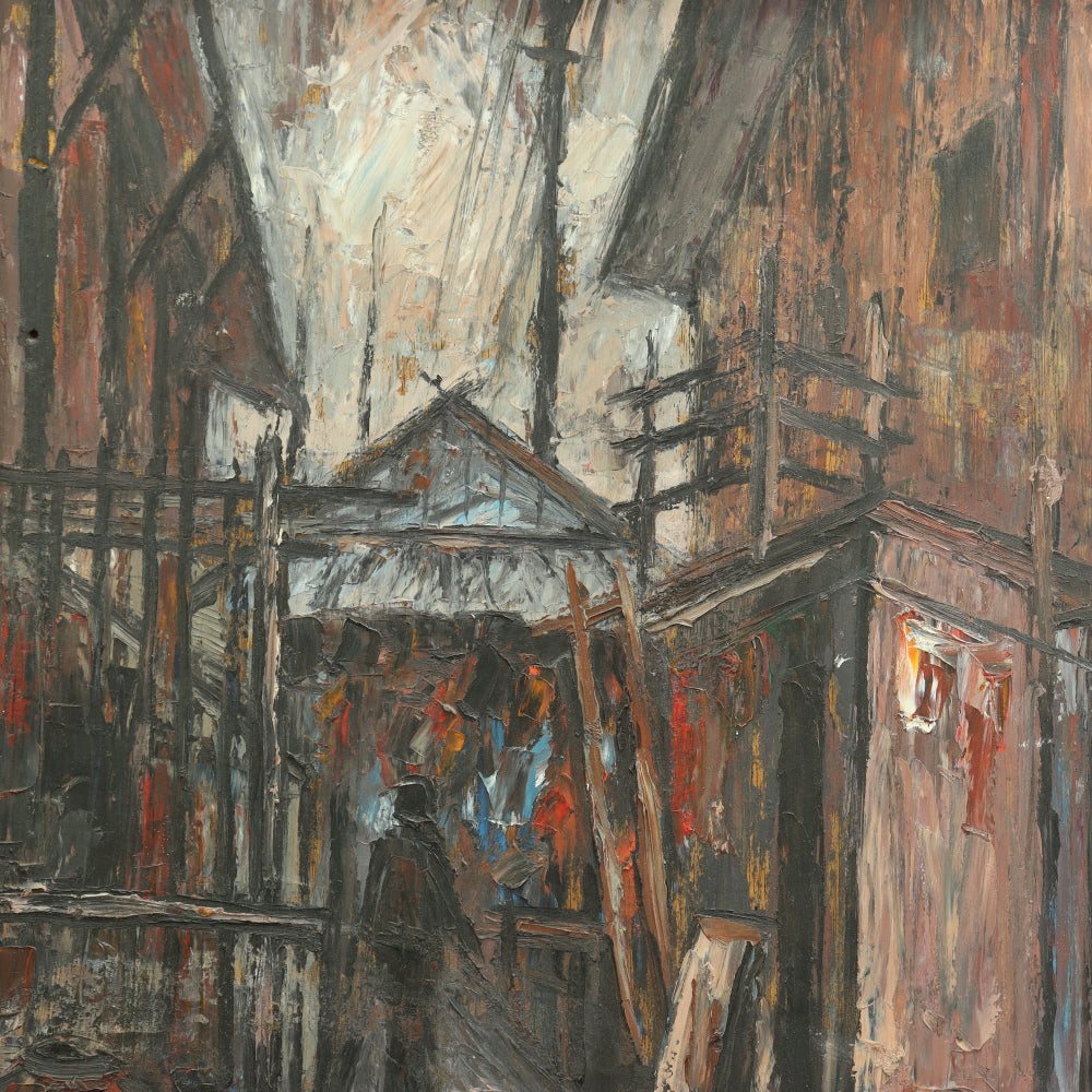 AW089: Fauvist Oil on Board Painting "Shanty Town" Mid 20th Century American School