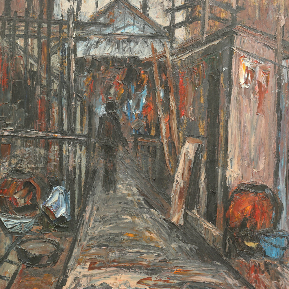 AW089: Fauvist Oil on Board Painting "Shanty Town" Mid 20th Century American School
