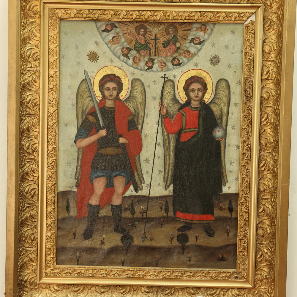 AW413: Russian Icon Archangels Michael and Gabriel Beneath the Trinity Image 19th Century Oil on Canvas Painting