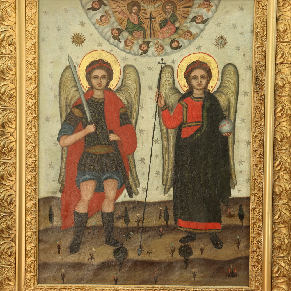 AW413: Russian Icon Archangels Michael and Gabriel Beneath the Trinity Image 19th Century Oil on Canvas Painting