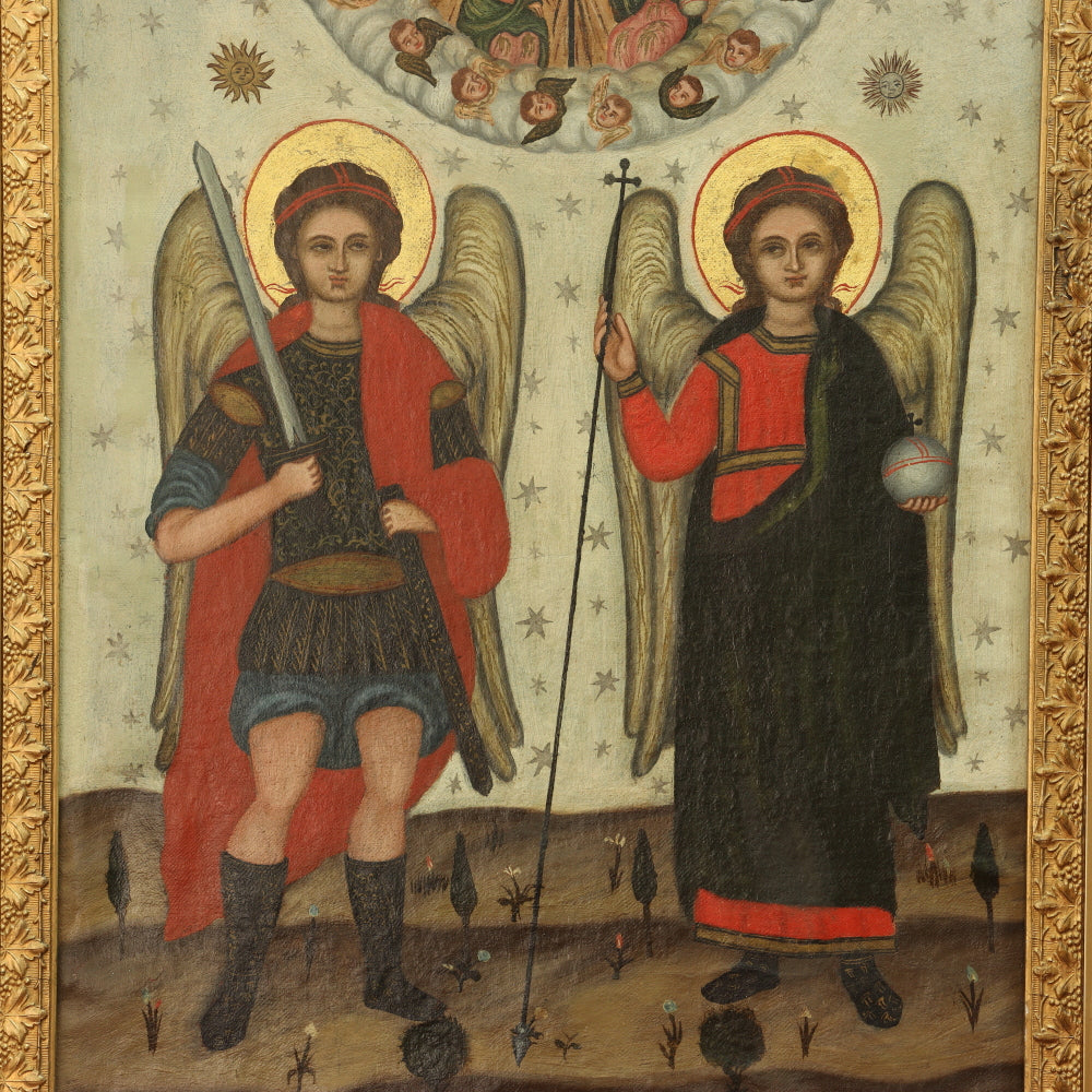 AW413: Russian Icon Archangels Michael and Gabriel Beneath the Trinity Image 19th Century Oil on Canvas Painting