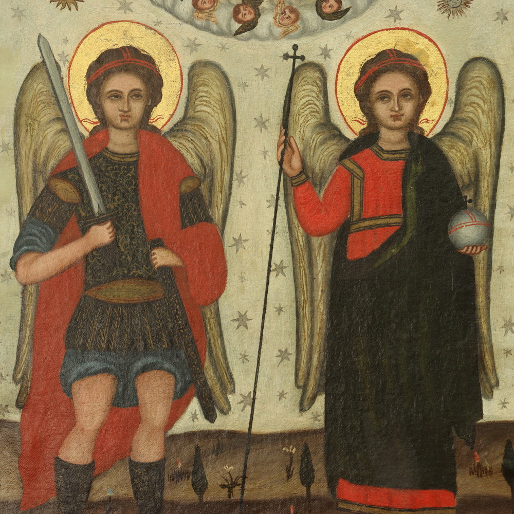 AW413: Russian Icon Archangels Michael and Gabriel Beneath the Trinity Image 19th Century Oil on Canvas Painting