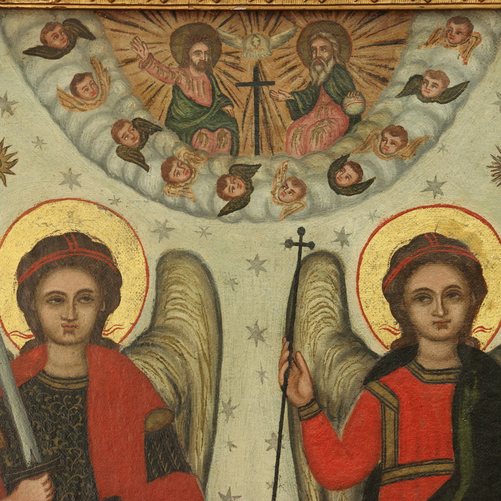AW413: Russian Icon Archangels Michael and Gabriel Beneath the Trinity Image 19th Century Oil on Canvas Painting