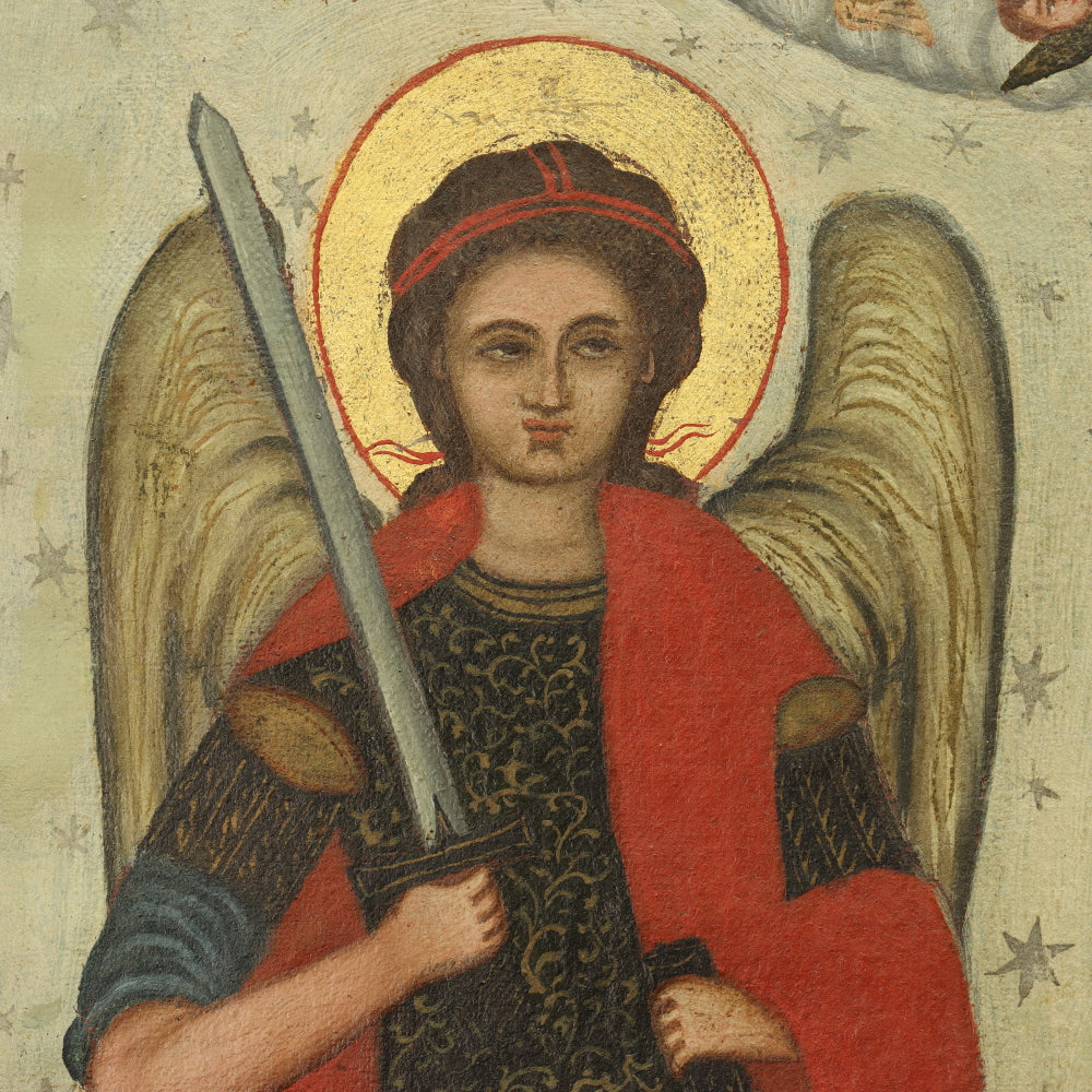 AW413: Russian Icon Archangels Michael and Gabriel Beneath the Trinity Image 19th Century Oil on Canvas Painting
