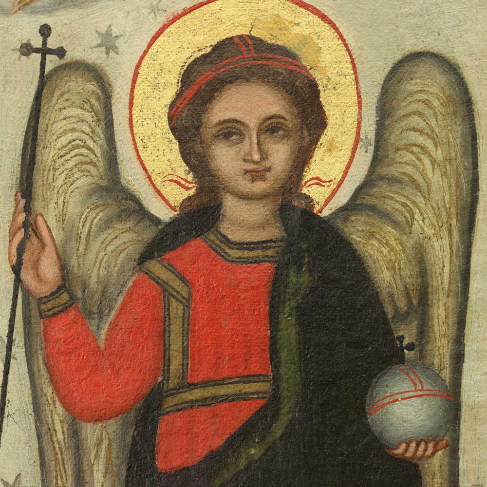 AW413: Russian Icon Archangels Michael and Gabriel Beneath the Trinity Image 19th Century Oil on Canvas Painting