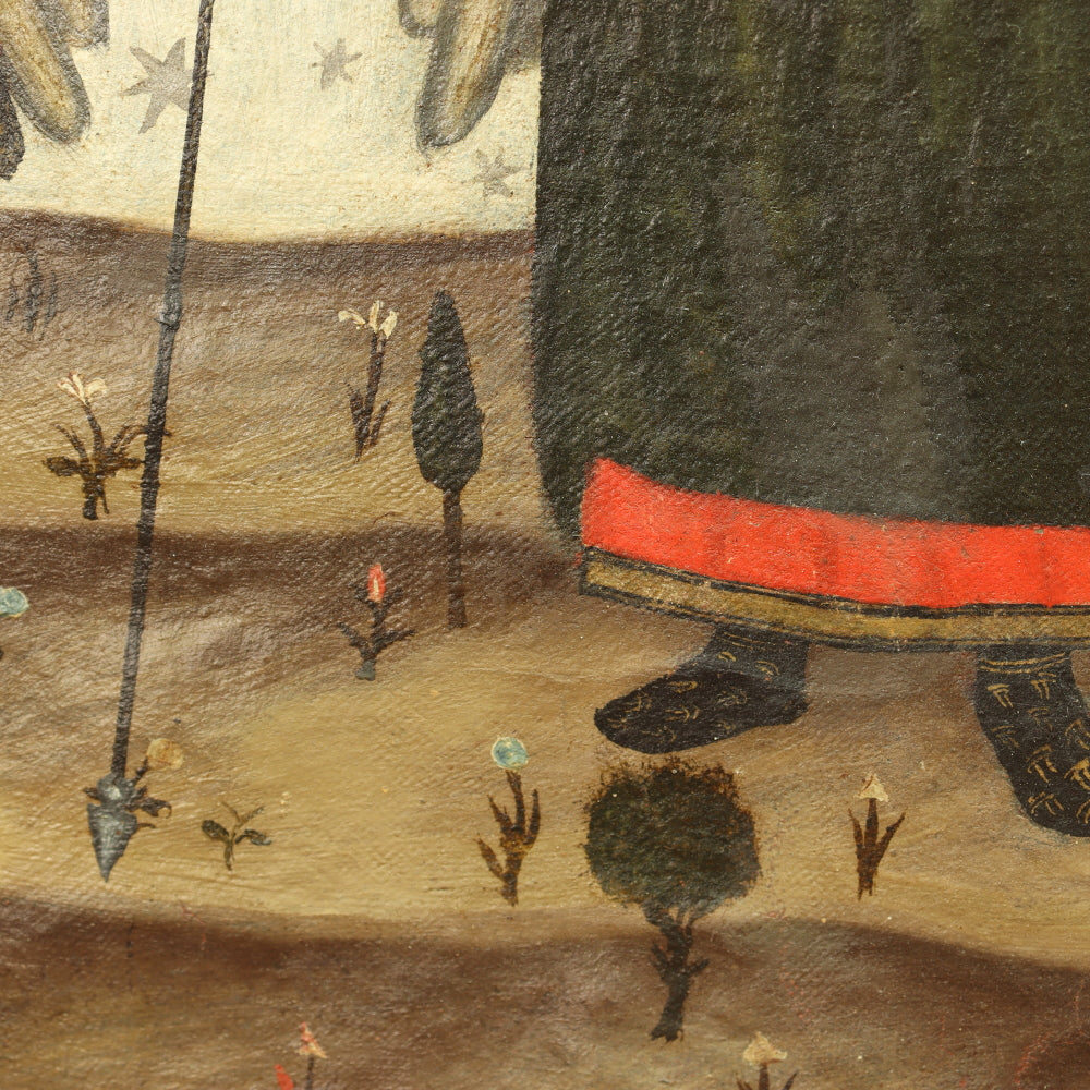 AW413: Russian Icon Archangels Michael and Gabriel Beneath the Trinity Image 19th Century Oil on Canvas Painting