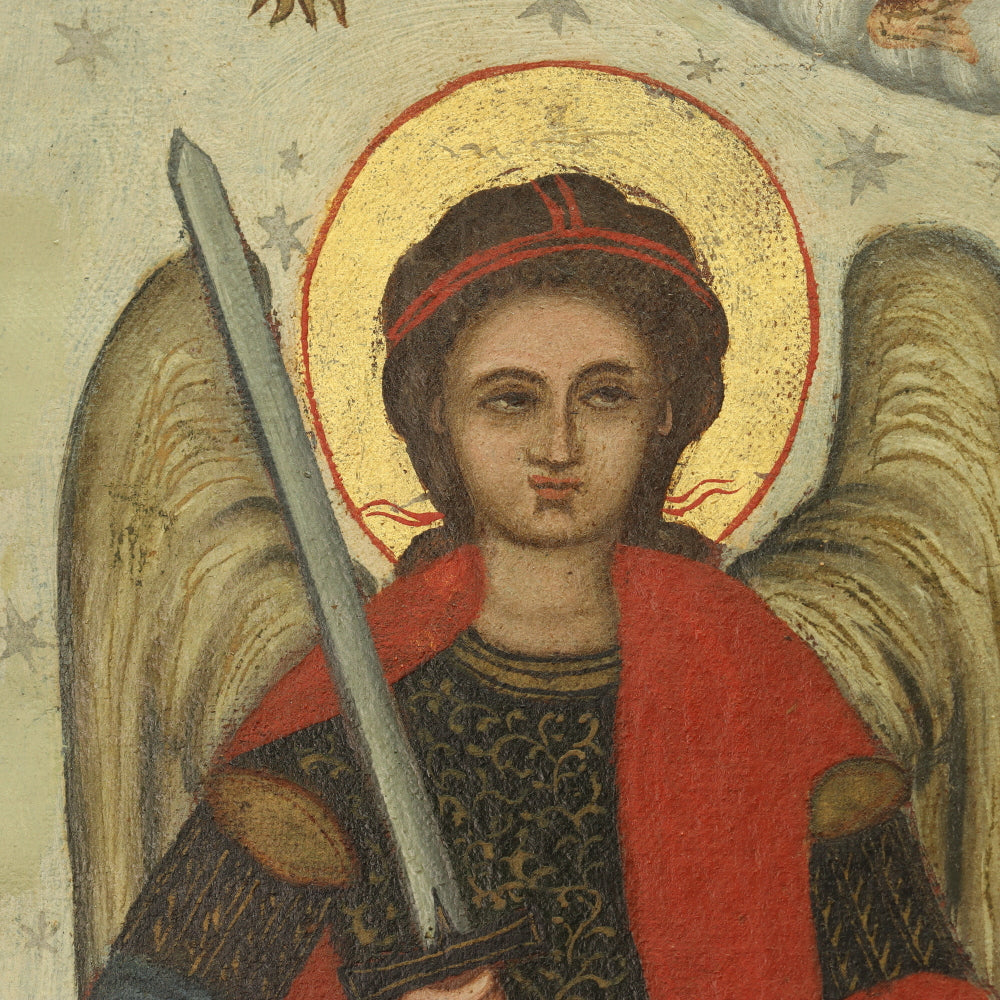 AW413: Russian Icon Archangels Michael and Gabriel Beneath the Trinity Image 19th Century Oil on Canvas Painting