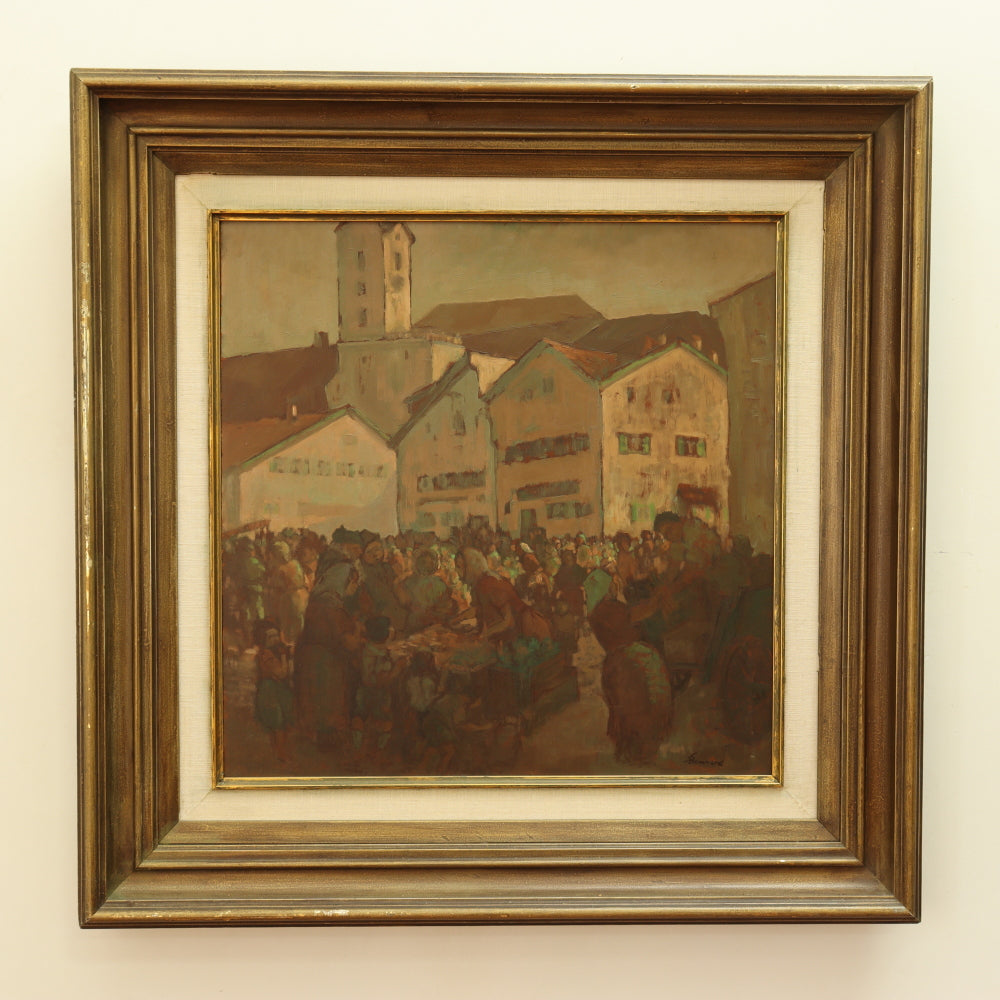 AW016: Fritz Bernhard Village Market Scene Oil on Masonite Panel